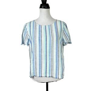 Vince Camuto Bright Blue Stripe Linen Blend Frayed Hem Boxy Casual Top